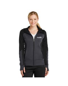 Sport-Tek® Ladies Tech Fleece Colorblock Full-Zip Hooded Jacket-Black/Graphite Heather/Black-Extra Small-Premier Ag